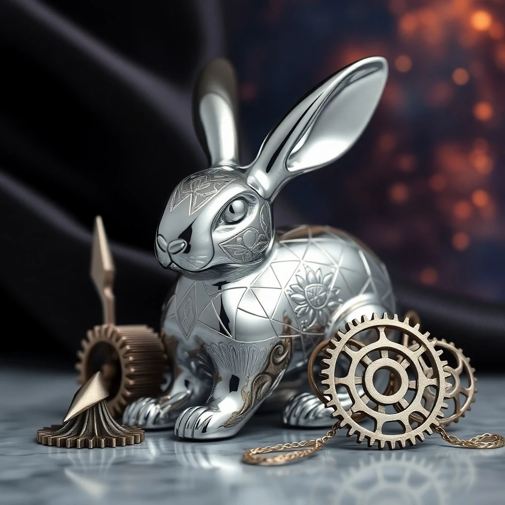 Tintero de plata antiguo y pluma metálica sobre escritorio de caoba con libros y escultura de conejo.
