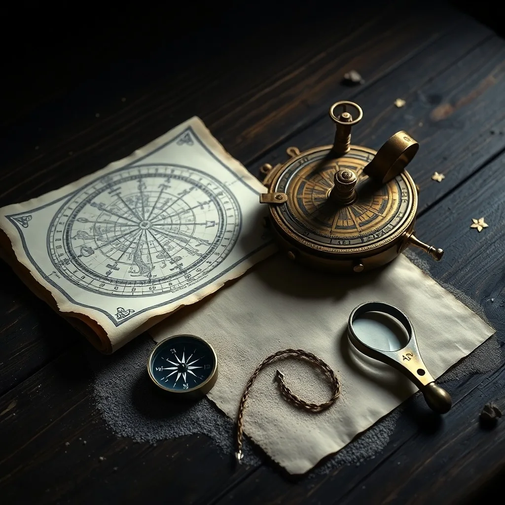 Un antiguo astrolabio de latón sobre un mapa de pergamino gastado, rodeado de pequeños guijarros y patrones de arena, iluminado por la luz de la luna.