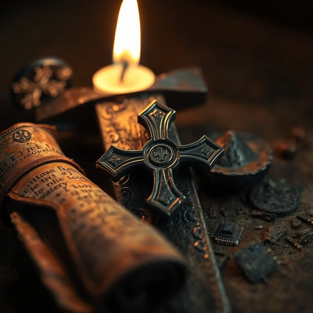 Antiguo pergamino medieval con símbolos crípticos y monedas de plata sobre una mesa de madera oscura, iluminado por una vela.