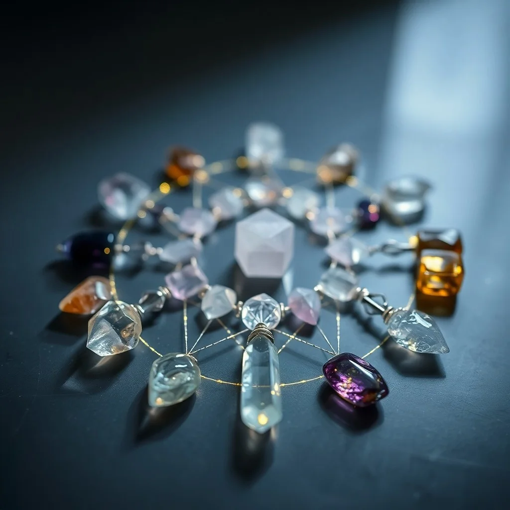 Still-life photograph of raw and polished gemstones on a wooden table next to a brass compass and a hand-drawn Flower of Life pattern on parchment, bathed in natural light.