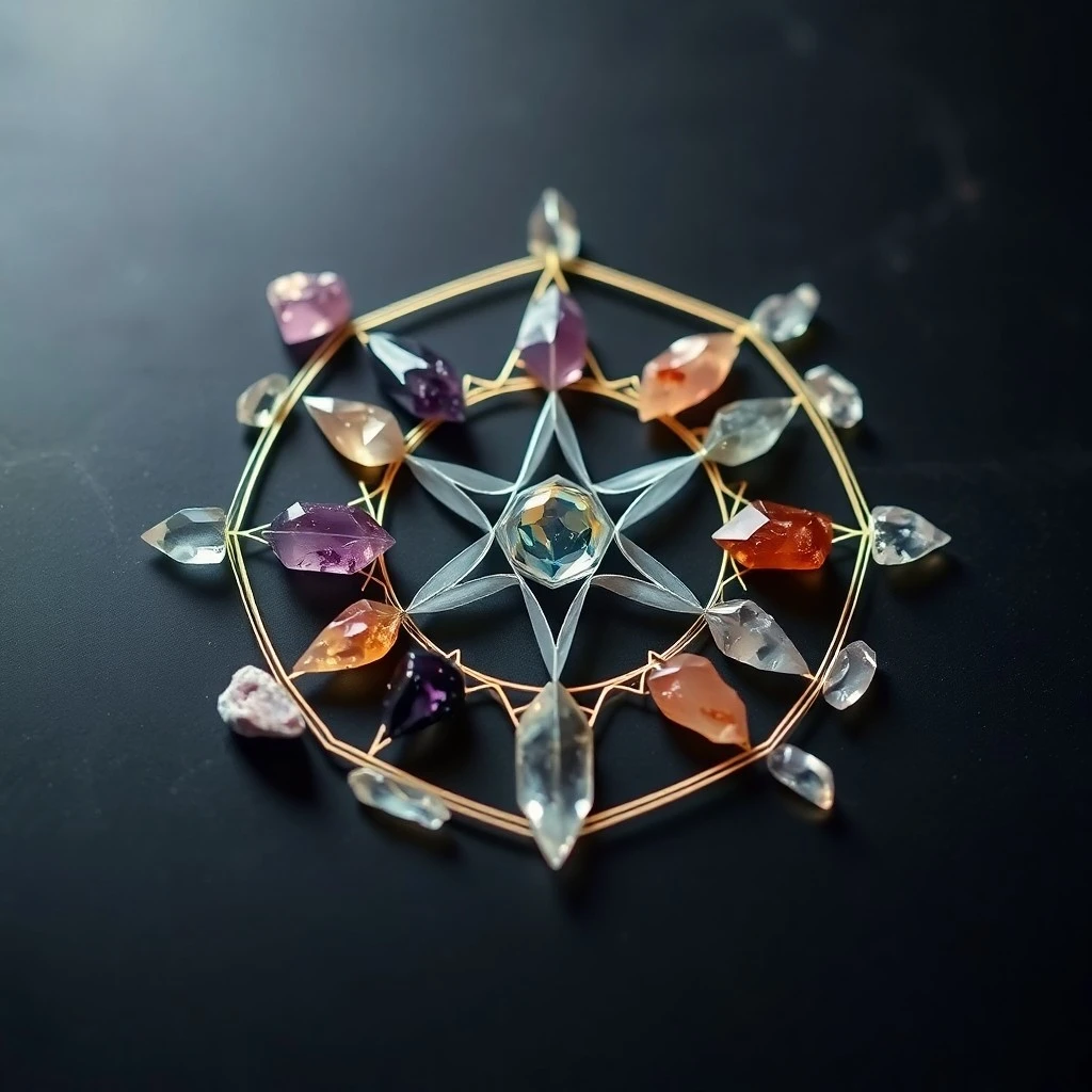 Conceptual art of a shimmering, translucent journal open to a page with a glowing crystal at its center, surrounded by handwritten affirmations and subtle energetic lines, with a dreamlike atmosphere.