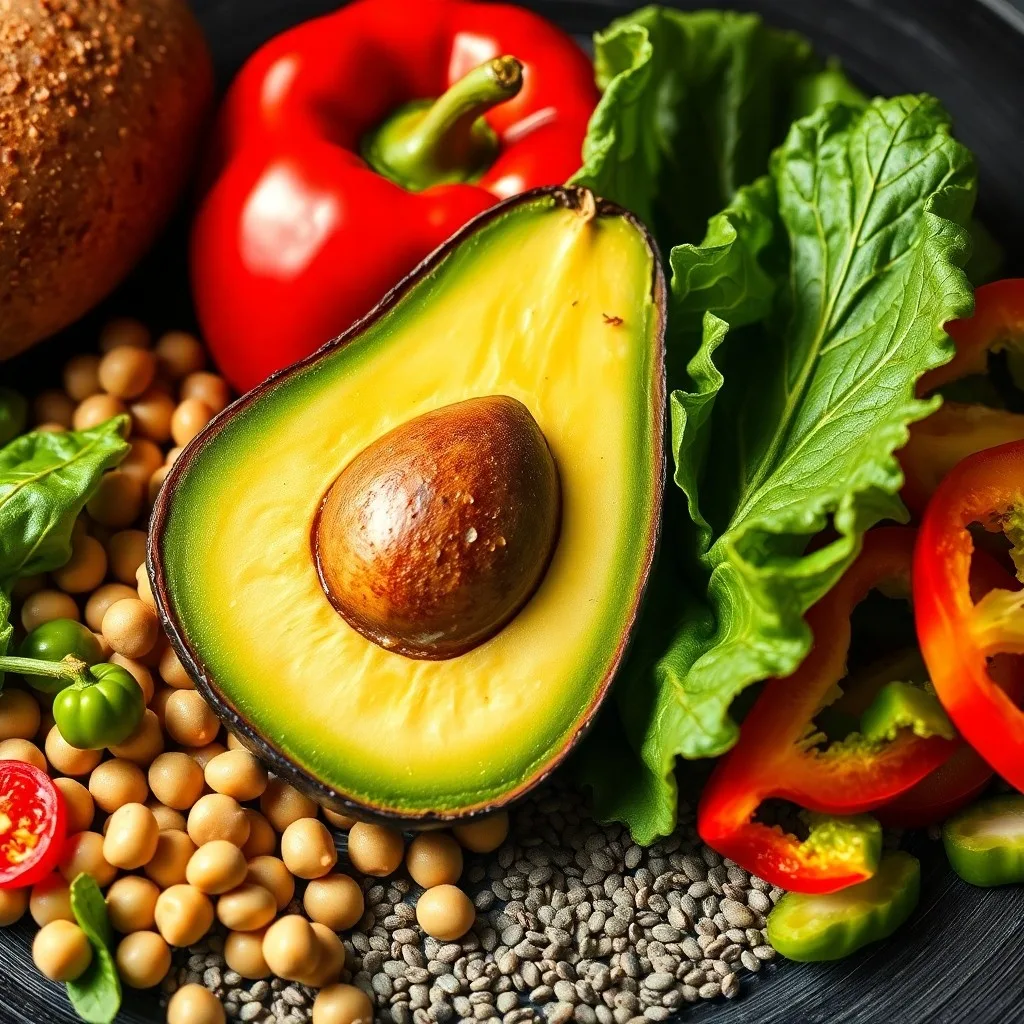 Bodegón cinematográfico de una mesa rústica con ingredientes veganos frescos como tomates, verduras de hoja, quinoa y legumbres en cuencos, bajo luz natural difusa.