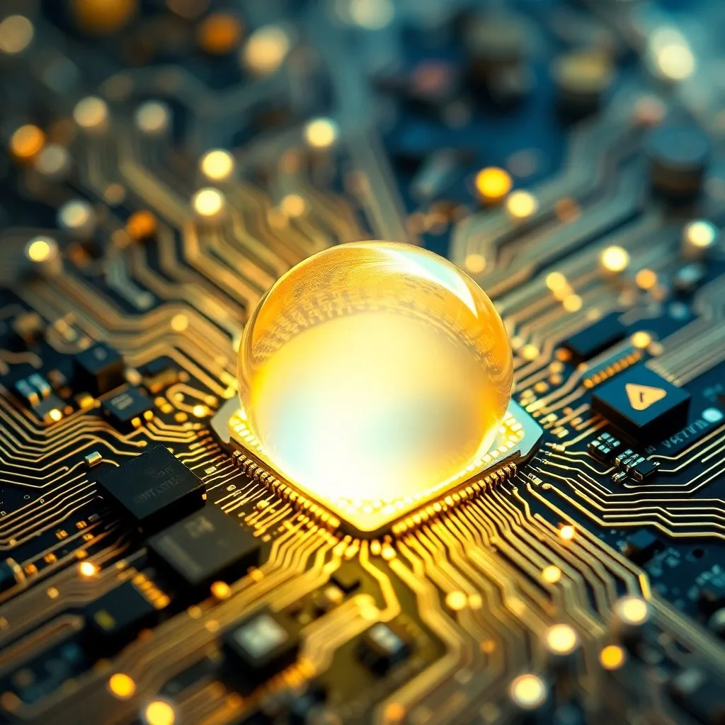 Chip de procesador cuántico sobre hielo con proyecciones holográficas de datos climáticos, en una fotografía de naturaleza muerta científica y analítica.