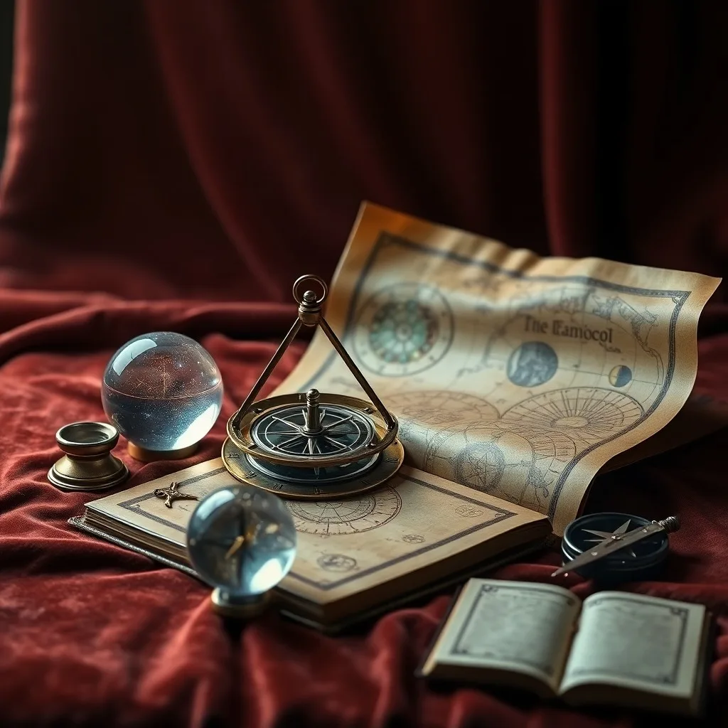 Un astrolabio antiguo sobre un pergamino con cartas astrológicas, junto a una pluma y un libro con diagramas celestes, todo iluminado por una luz cálida.