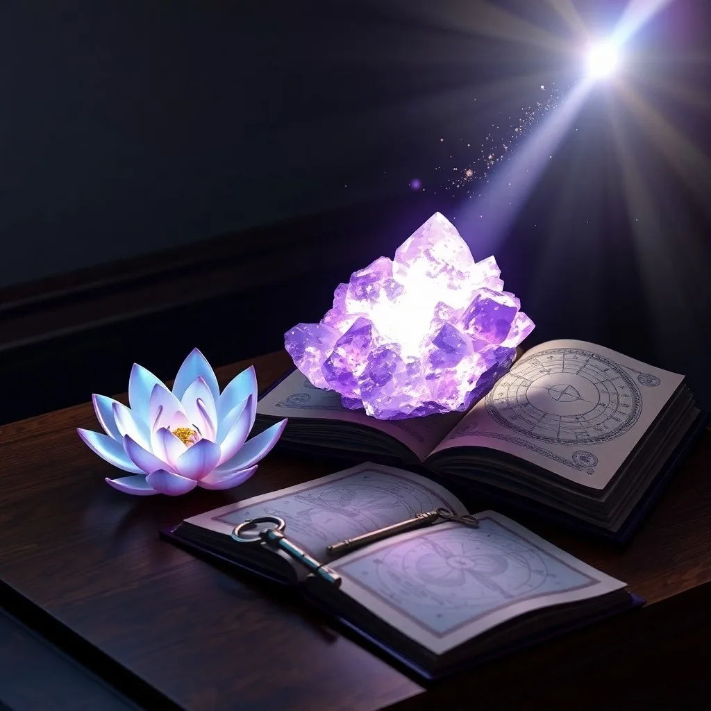 Antiguas herramientas de meditación con cristales que simbolizan el impacto de las prácticas espirituales
