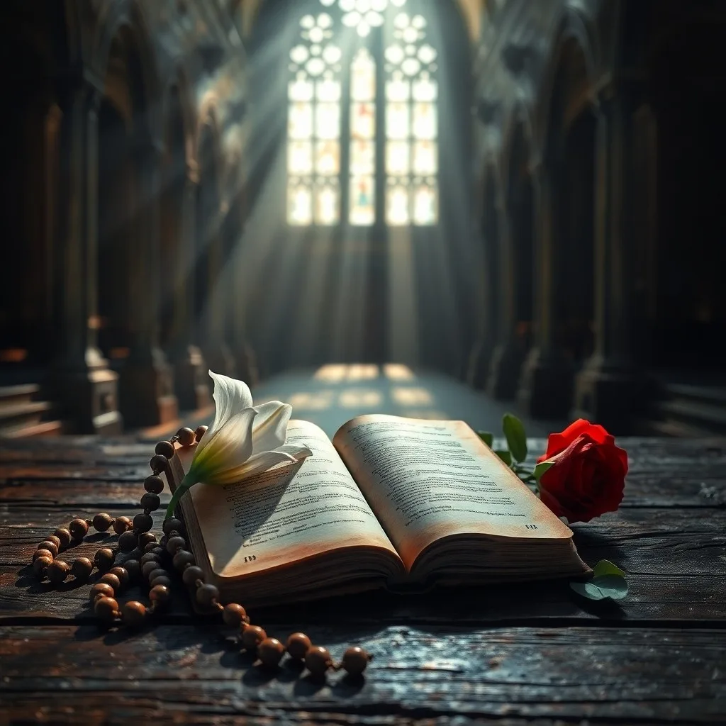 Libro antiguo de oración con un rosario desgastado sobre una mesa de madera, iluminado por un rayo de luz dorada.