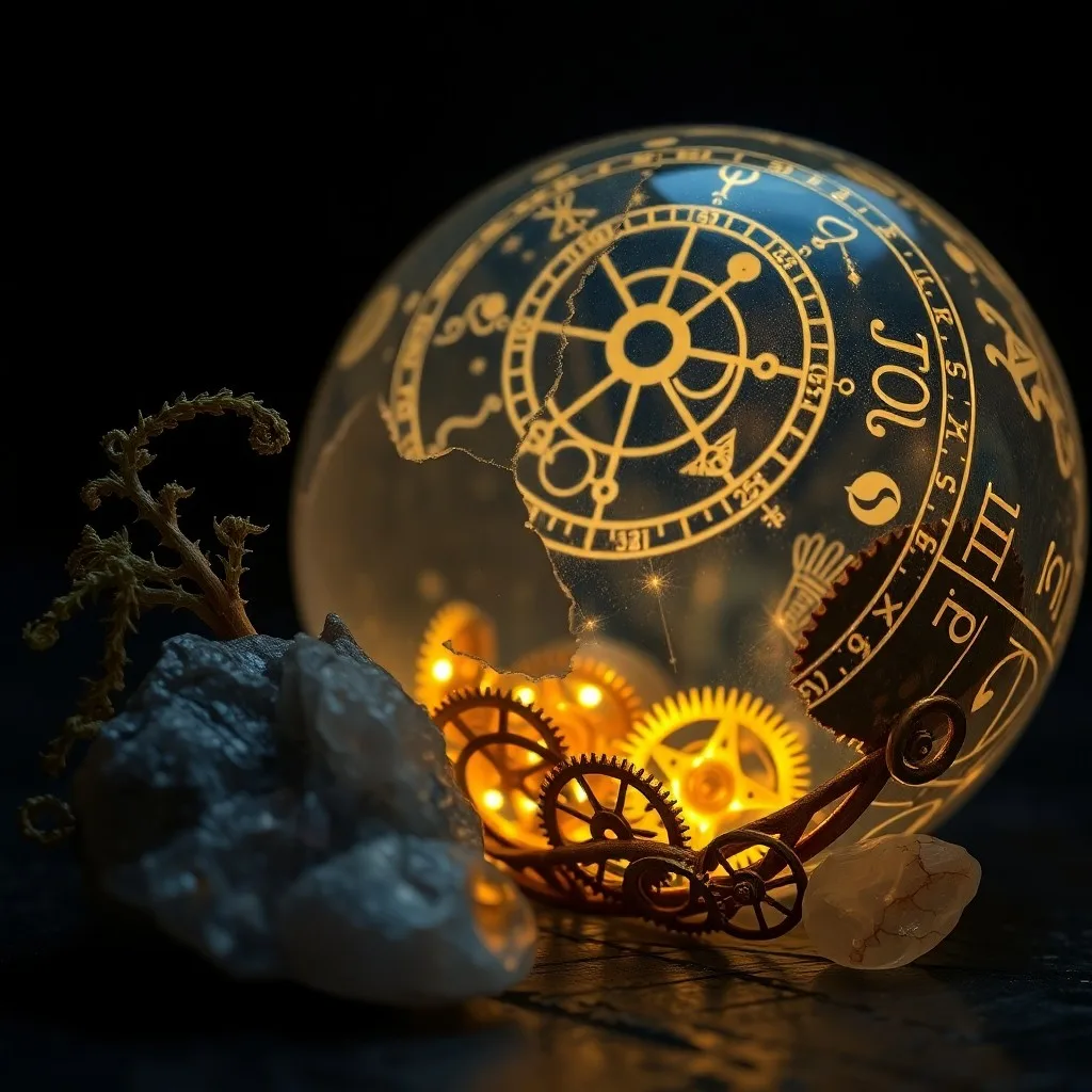 Naturaleza muerta cinematográfica de un viejo compás en piedra agrietada, aguja oscilando, rodeado de runas brillantes, luz y sombra dramáticas.