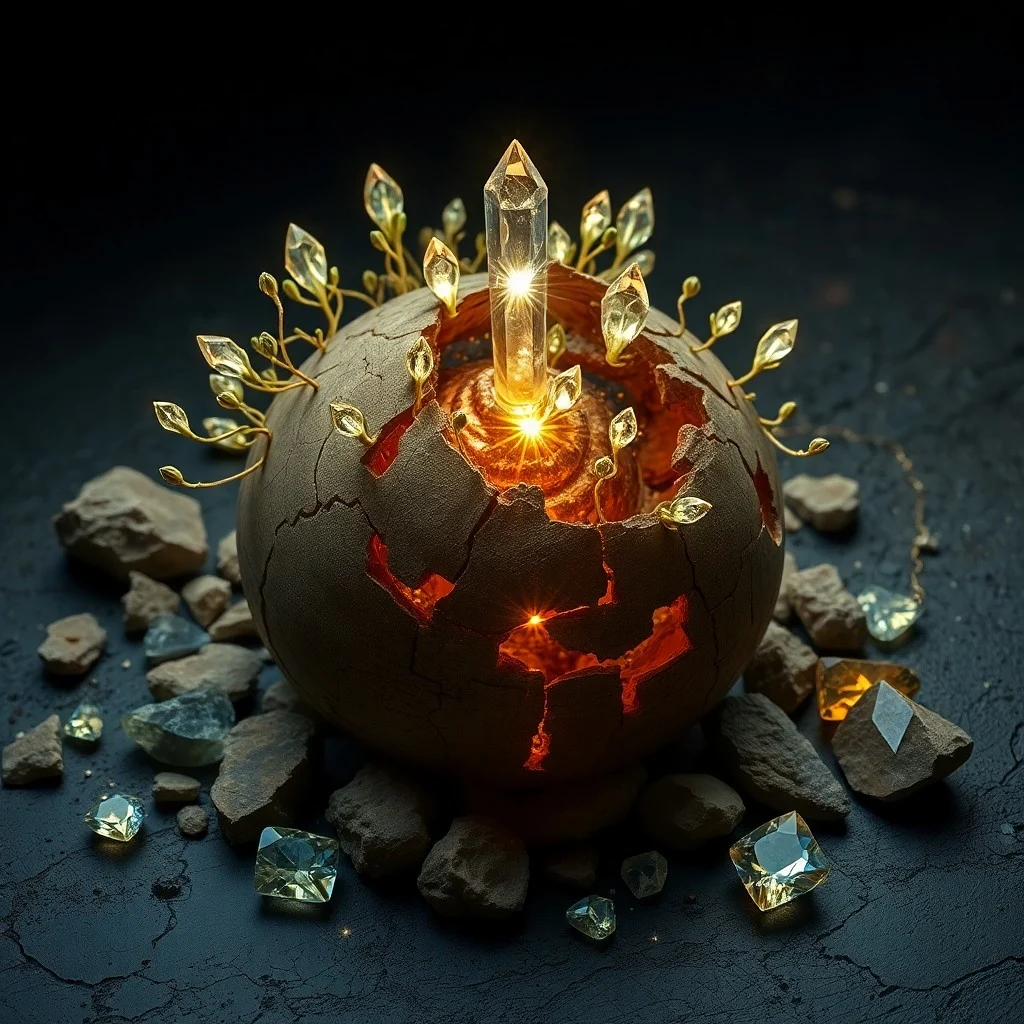 Arte conceptual de una escultura móvil delicadamente equilibrada con piedras pulidas y cristales rugosos, girando bajo luz difusa, proyectando sombras complejas.