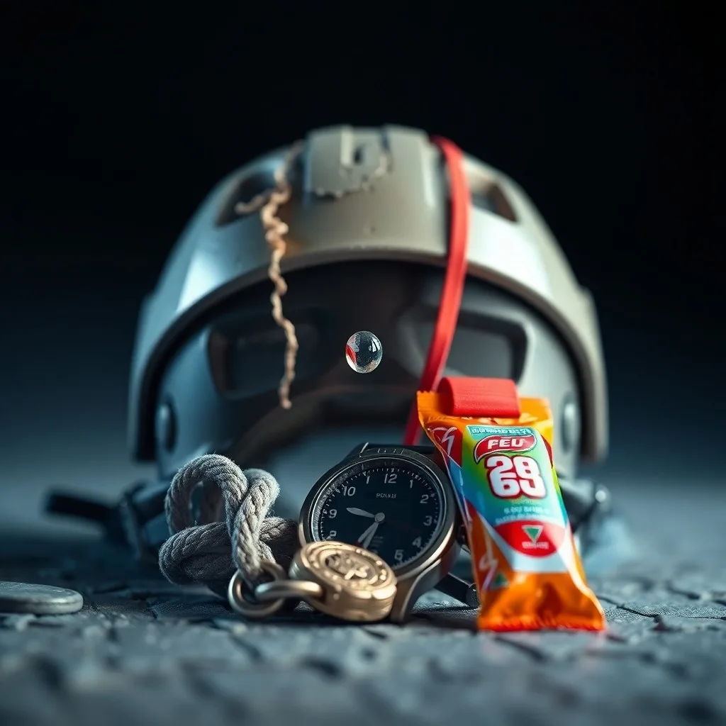 Pintura al óleo de equipo de seguridad para deportes extremos, resaltando la importancia de la preparación.