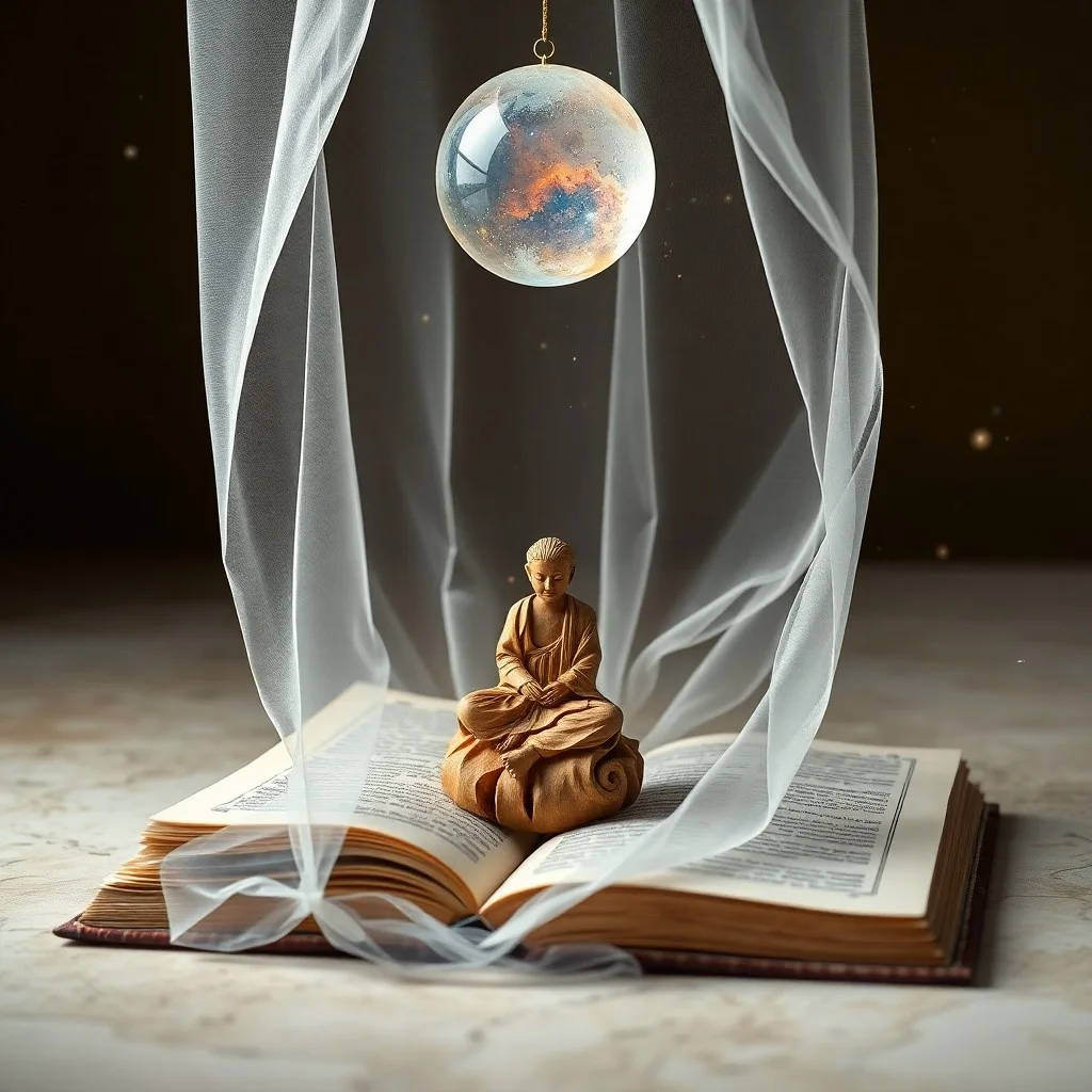 A stylized, ancient book titled 'Astral Journeys' open on a polished wooden table, surrounded by floating, glowing geometric symbols, with a compass pointing upwards. Blurred nebula background.