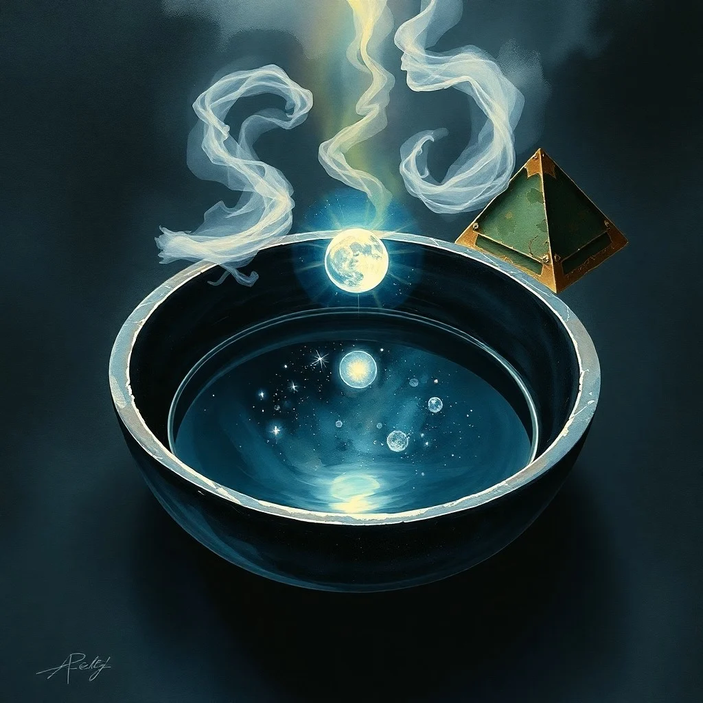 A watercolor painting of a silver bowl filled with dark water, reflecting abstract patterns.