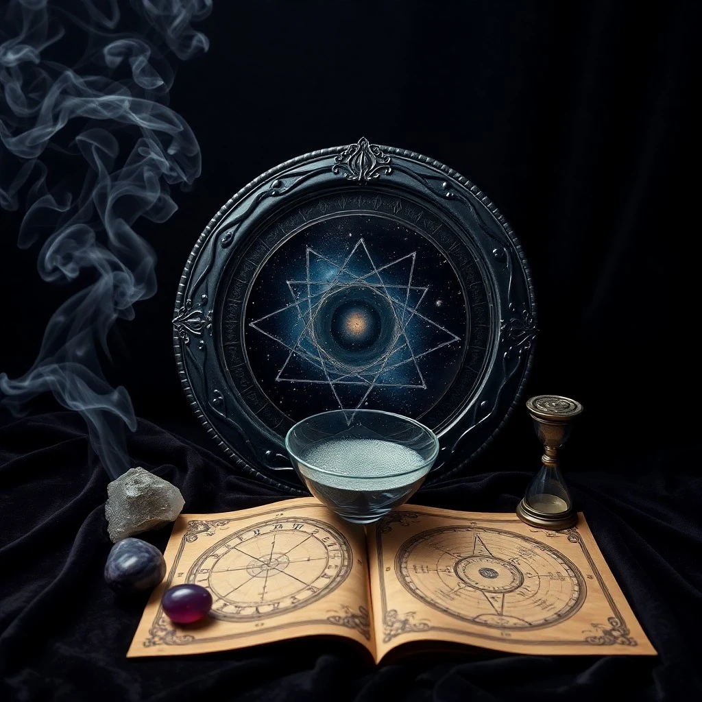 A 3D digital illustration of an antique, ornate scrying mirror with swirling mist on its surface.