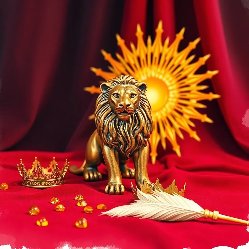 Bodegón cinematográfico de una corona dorada sobre terciopelo, con pinceles y un lienzo abstracto, simbolizando el liderazgo y la creatividad de Leo.