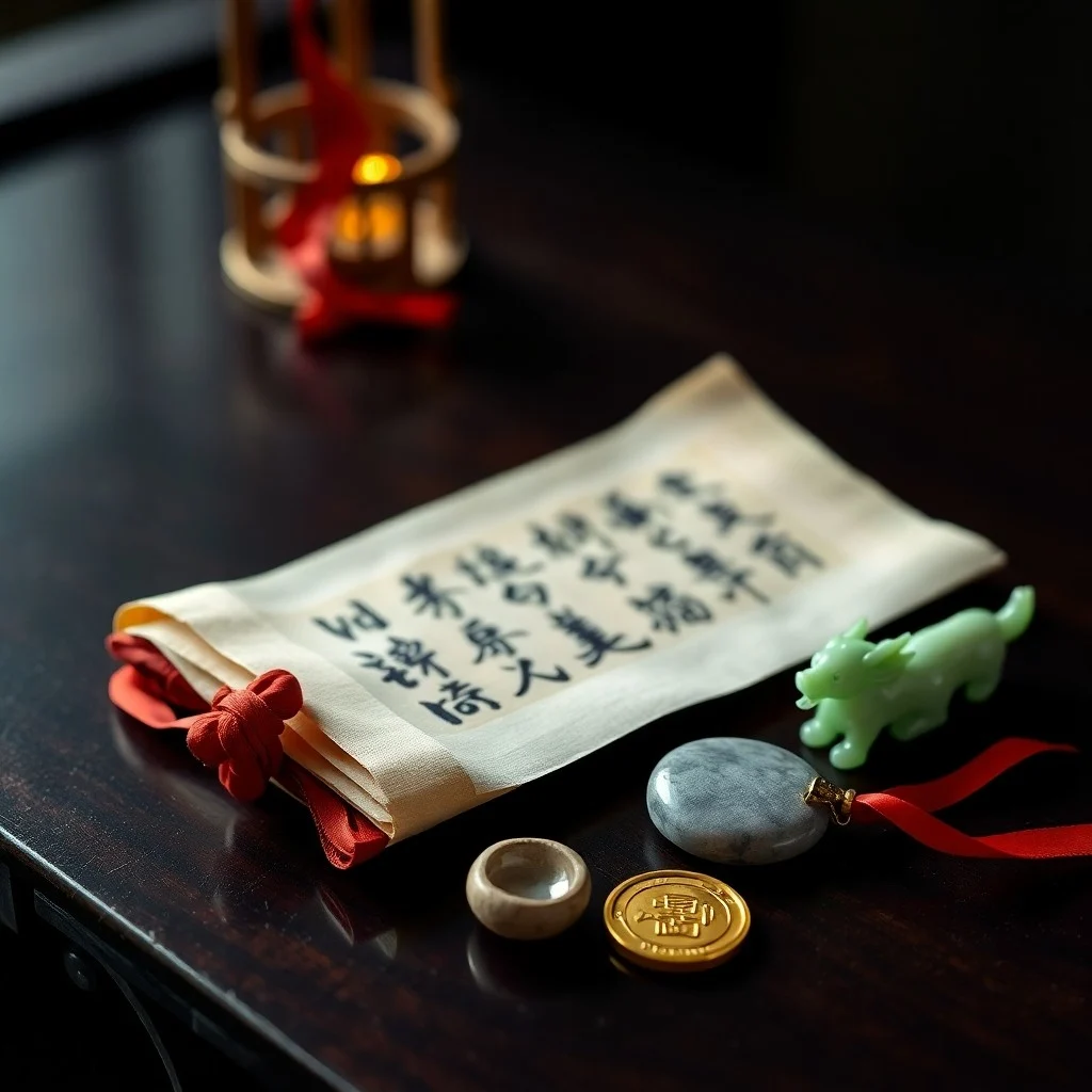 Ancient scrolls and jade carving symbolizing prosperity