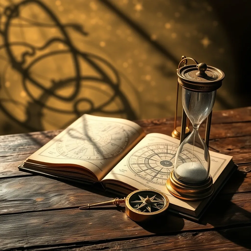 Papiro antiguo con símbolos astrológicos y glifos planetarios, junto a una pluma de ave y un reloj de arena vintage, en luz suave.