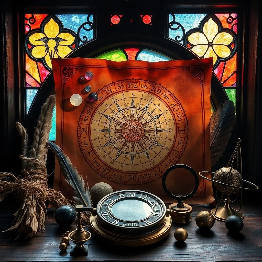Fotografía cinematográfica de instrumentos astrológicos antiguos sobre un altar de madera con hierbas y cristales, iluminado por la luna, simbolizando el estudio de los ciclos cósmicos.