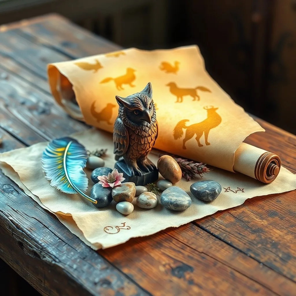Ancient journal with hand-drawn animal symbols, candle, and crystal