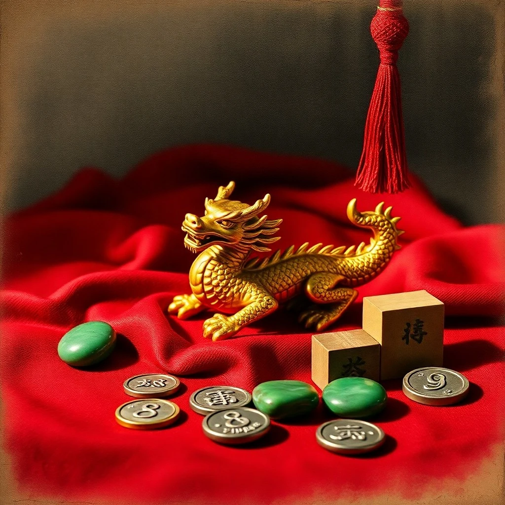 Ancient Chinese coins and jade amulets on crimson silk