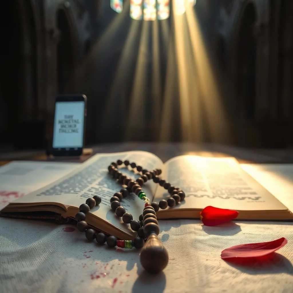 Primer plano de un libro de oraciones antiguo de cuero, abierto sobre un escritorio de madera, con un rosario de cuentas de madera y metal reposando sobre las páginas. Velas encendidas a los lados y recortes de periódicos antiguos con titulares borrosos sobre milagros en el fondo, con iluminación dramática.