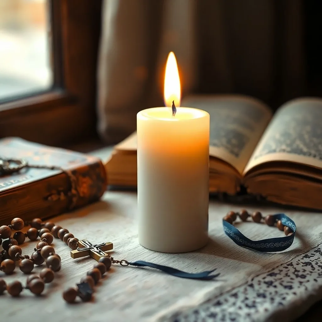 Pintura al óleo de un libro de oraciones abierto y una medalla de San Benito sobre una mesa de madera, iluminados por una luz suave.