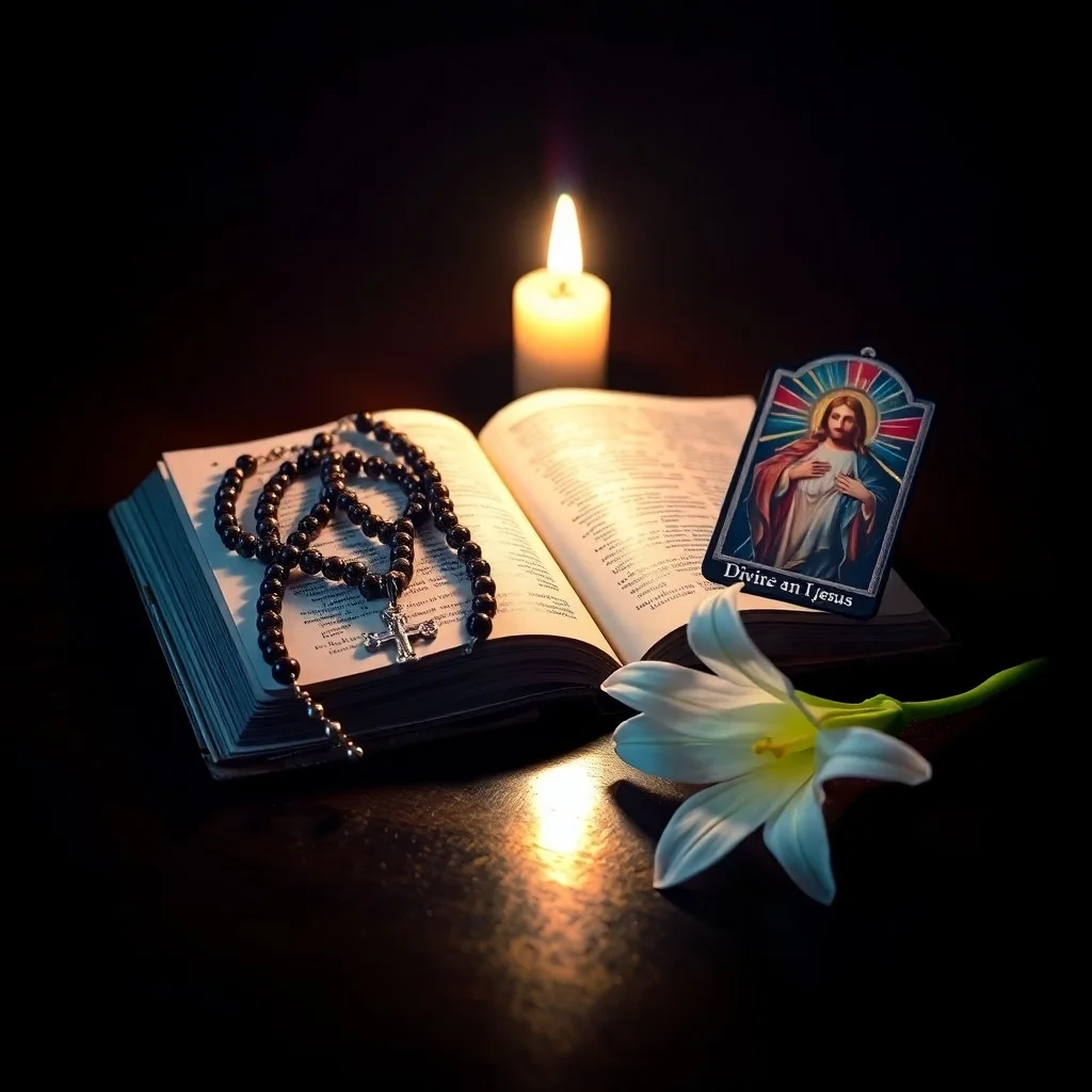 Un rosario antiguo sobre un libro de oraciones abierto, con una flor de lirio blanco, evocando un ambiente de devoción y pureza.