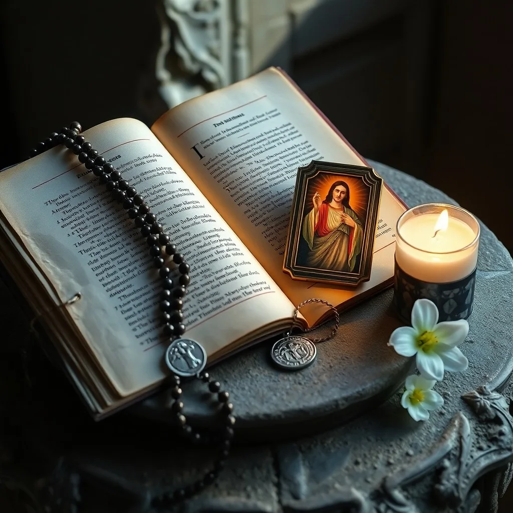 Una pintura al óleo de estilo renacentista que muestra un cáliz y una patena sobre terciopelo, con una pluma y un tintero, evocando solemnidad y escritura sagrada.