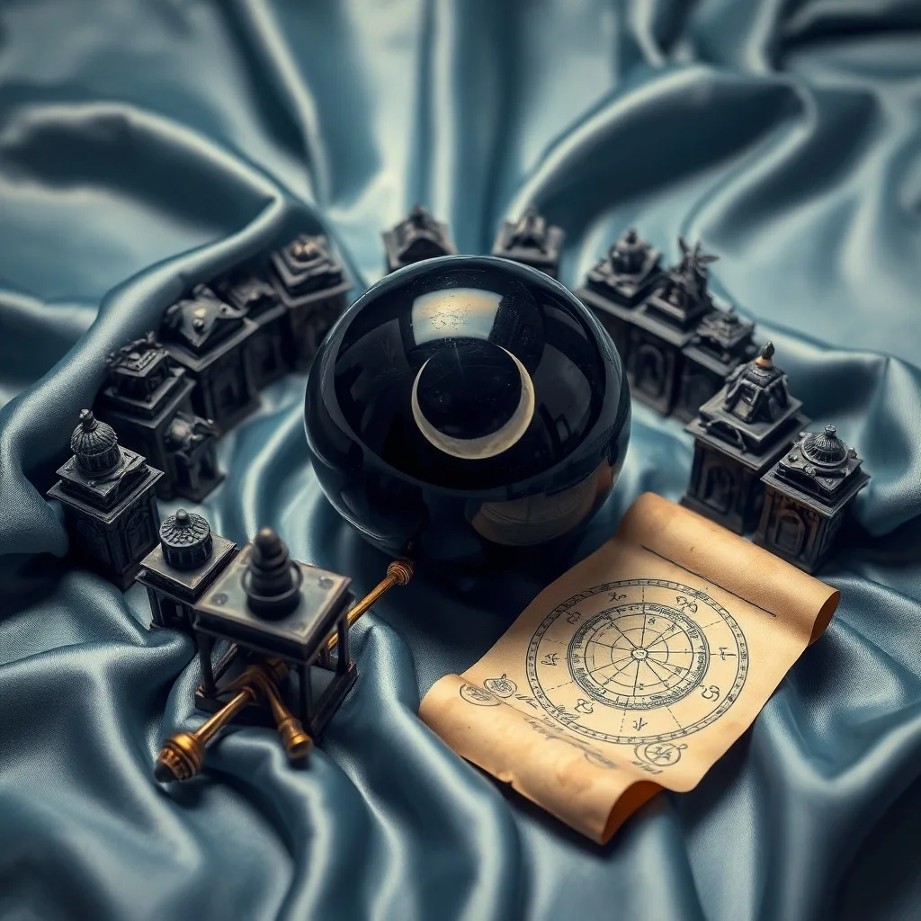 Locket antiguo con reflejo de luna en agua sobre terciopelo