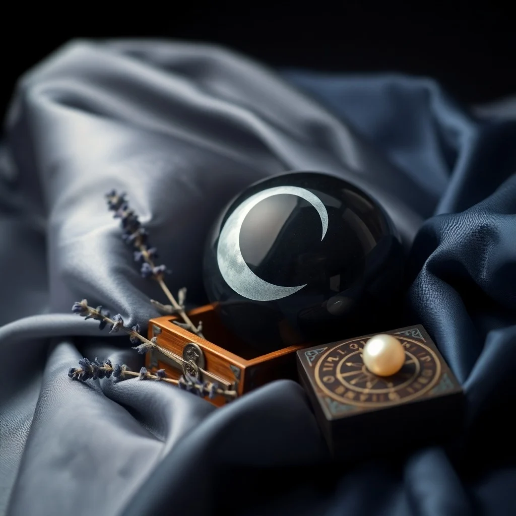 Still life of a half-eaten apple, water glass, and moon phase calendar on dark fabric.