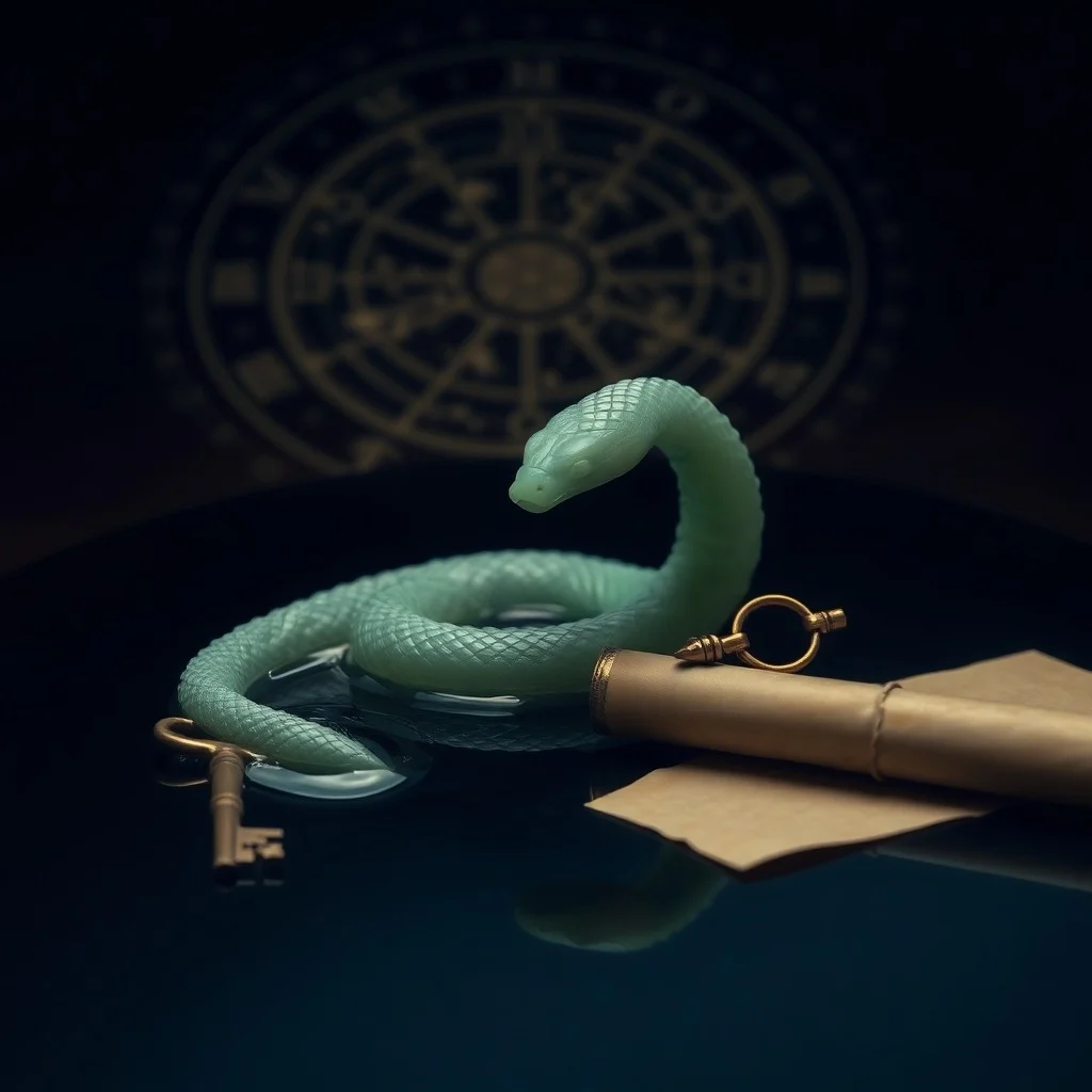 Escultura de jade de una serpiente sobre una superficie reflectante con piedras de río y una flor de loto, simbolizando sabiduría y calma.