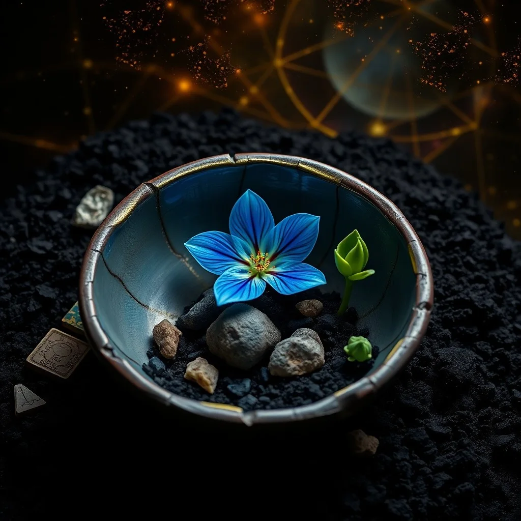 Ilustración 3D de un geode cristalino con un núcleo brillante, simbolizando transformación interna.