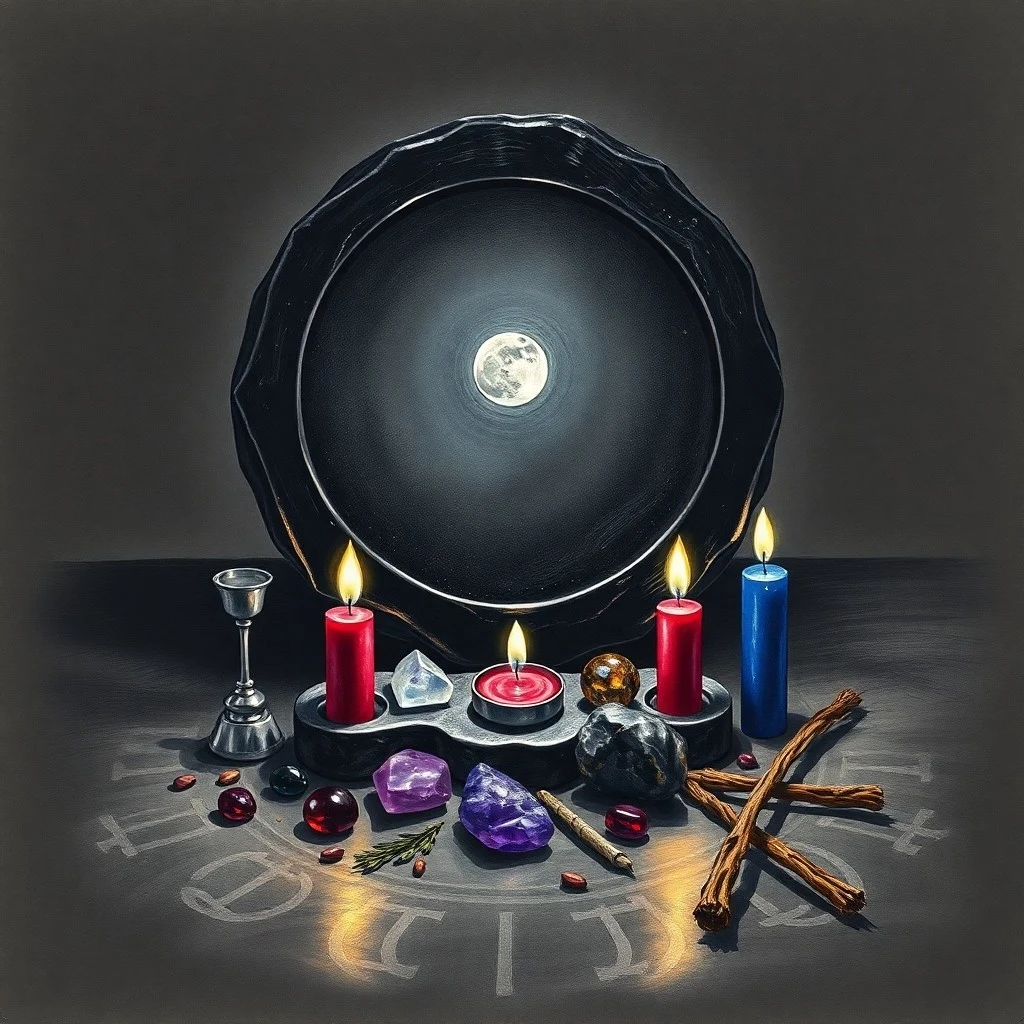 Extreme close-up macro photography of various color-coded ritual candles, anointing oils, dried herbs, and crystal chips arranged on a dark surface, symbolizing the tools for candle magic preparation.