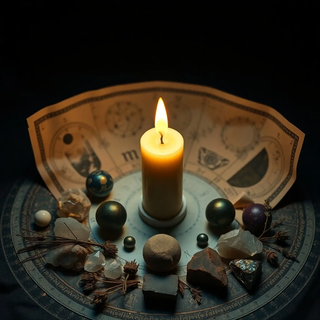 Conceptual oil painting of a single, tall, burning ritual candle casting shadows on an ancient astrological chart on a stone altar, with subtle planetary glyphs in the smoke, evoking ancient wisdom and ritual.