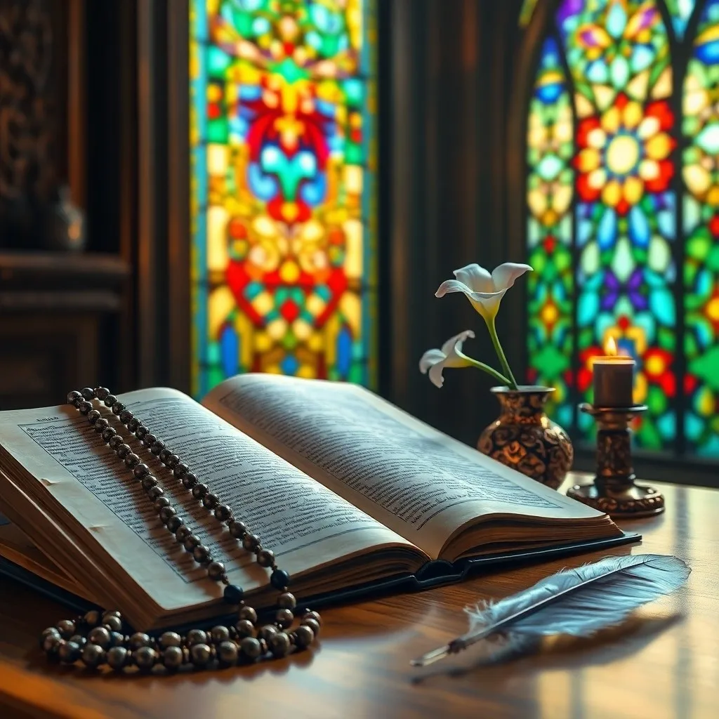Fotografía cinematográfica de una Biblia abierta, una vela encendida y un rosario sobre una mesa rústica, con luz etérea que irradia paz.