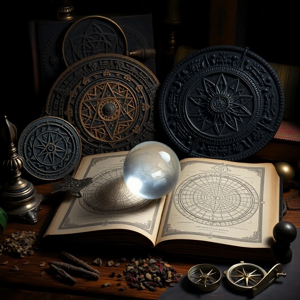 Extreme close-up of an ancient, tarnished silver talisman engraved with a detailed planetary sigil, emitting soft, magical light.