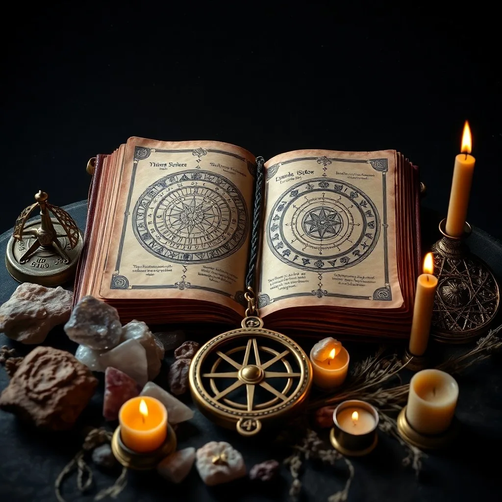 Oil painting of an antique astrology book opened to hand-drawn planetary sigils, with a quill pen and crystal ball nearby.