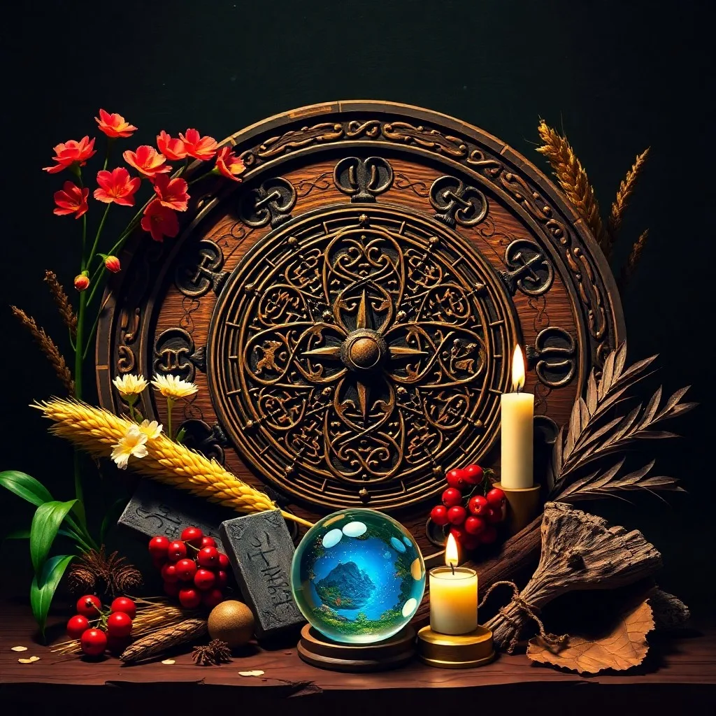 Rueda de calendario de madera antigua con nudos celtas y símbolos de los ocho festivales, rodeada de hierbas secas y cartas astrológicas.