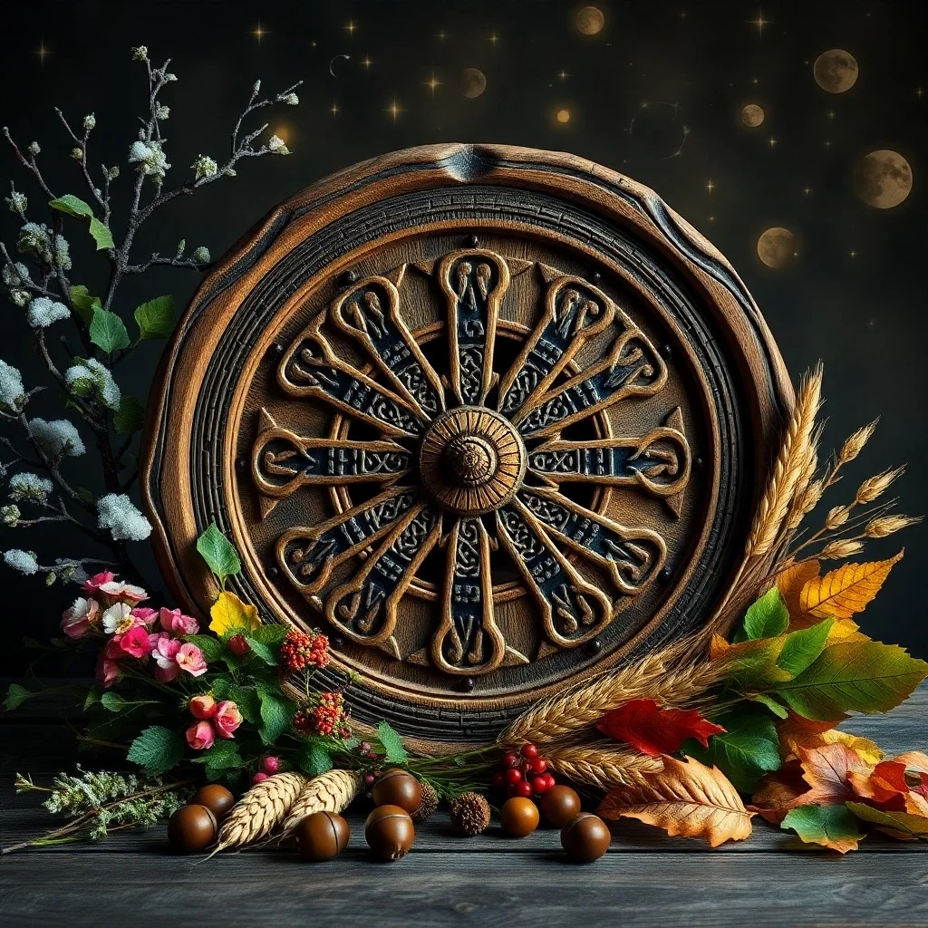 Ilustración digital 3D de un árbol cósmico brillante con raíces en la tierra y ramas hacia un cielo estrellado, con puntas de ramas representando festivales celtas y líneas astrológicas.