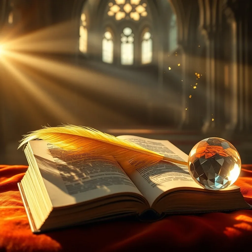 Un antiguo libro abierto, sus páginas emiten un resplandor dorado, simbolizando la sabiduría y el conocimiento divino en una biblioteca mística.
