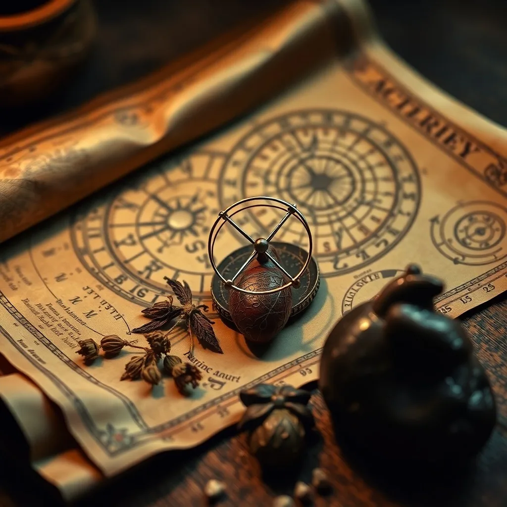 Still life of an open antique medical book with anatomical diagrams, surrounded by vintage astrological charts and a magnifying glass on a wooden desk, under soft light.