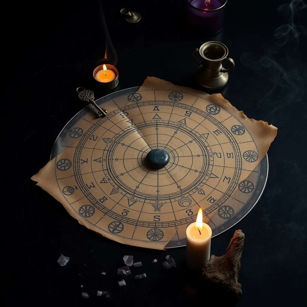 Cinematic still life of esoteric tools: astrolabe, planetary sigil, crystal ball, dried herbs, and candlelight.