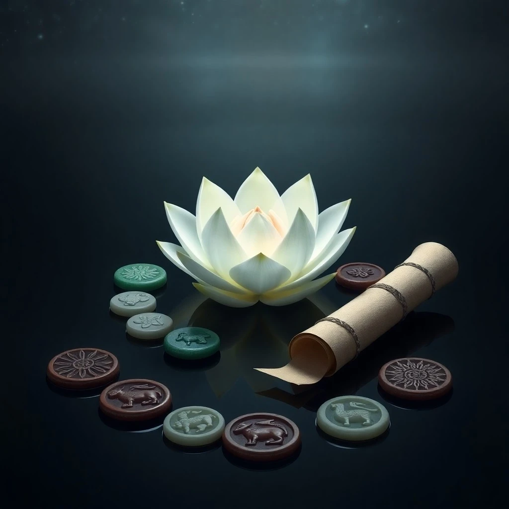 A cinematic still life of an ancient, partially unrolled scroll depicting the Chinese zodiac cycle, resting on a dark wooden table next to a perfectly balanced stone cairn, symbolizing inner stability and self-alignment under soft, warm lighting.