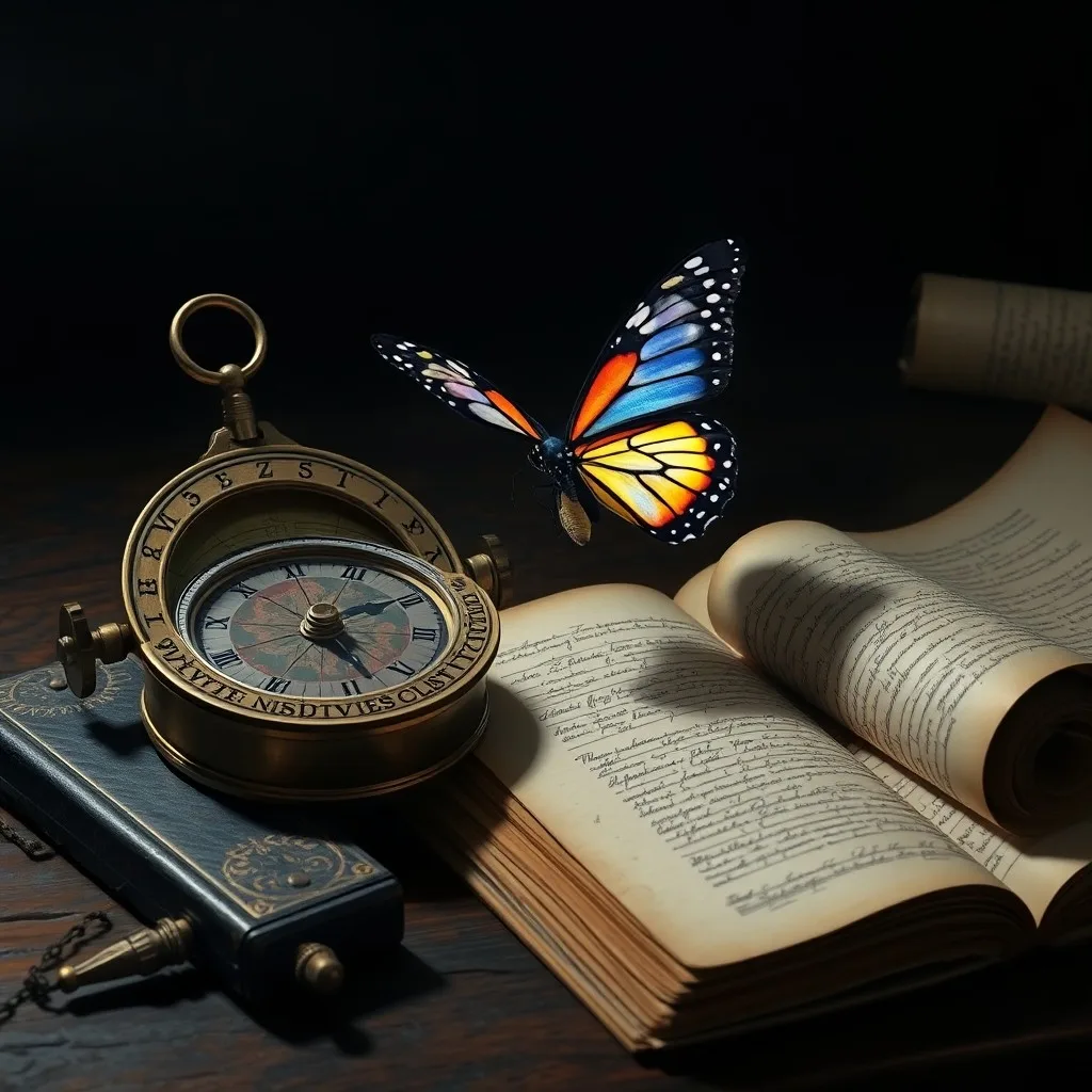 An antique, weathered compass resting on a worn, leather-bound journal, surrounded by faded maps and ancient scrolls. A single, flickering candle casts long shadows, evoking a sense of forgotten paths and past wisdom. The scene is dimly lit, emphasizing introspection and historical depth.