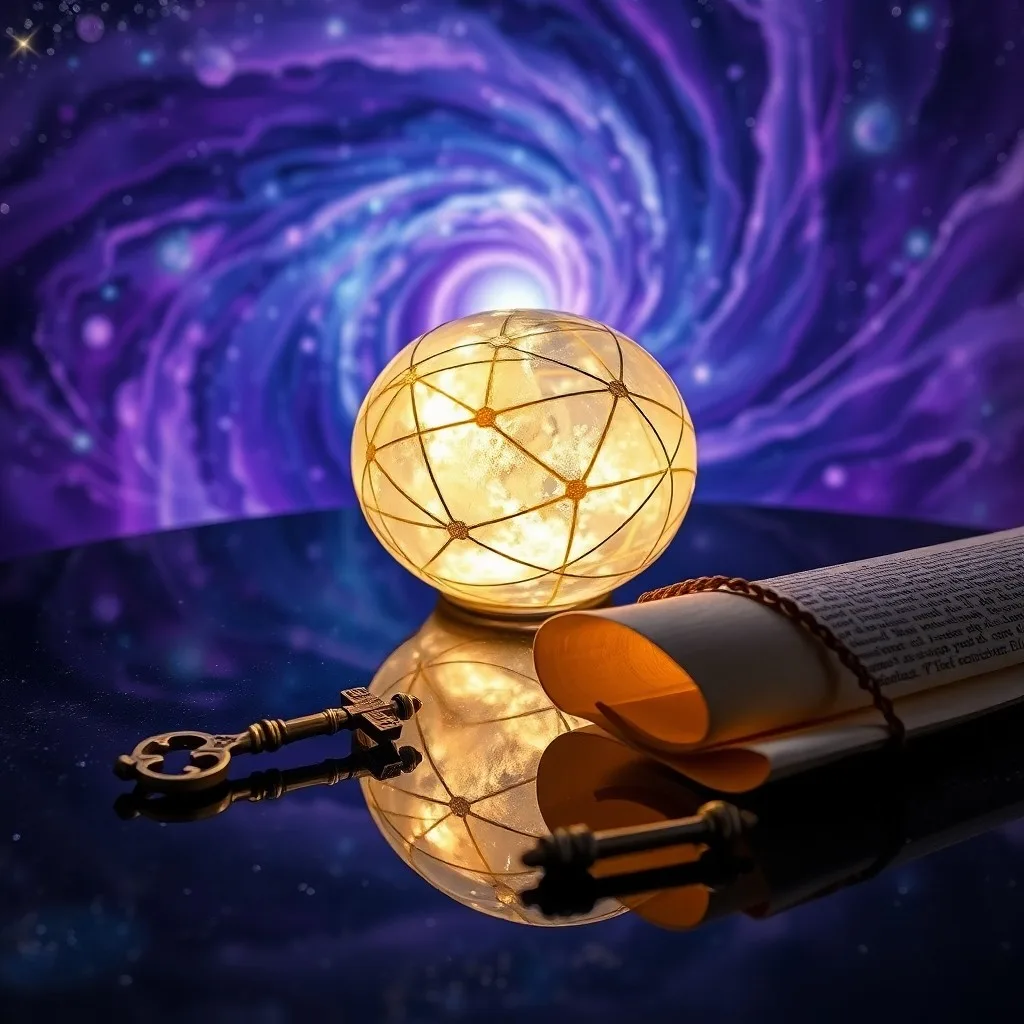 Antiguo grimorio de astrología abierto sobre un escritorio de madera, con un astrolabio de latón y cristales oscuros, iluminado por una vela.
