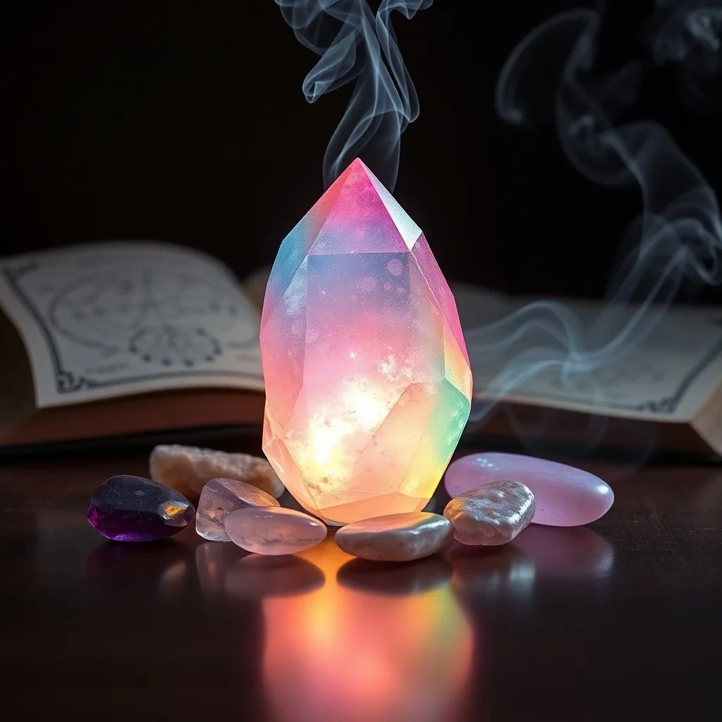 Fotografía de bodegón de cristales pulidos y en bruto (amatista, cuarzo transparente, cuarzo rosa, selenita) dispuestos artísticamente sobre una superficie de madera oscura, iluminados por una luz cálida. Un sahumerio de salvia blanca encendido emite humo delicado en el fondo.