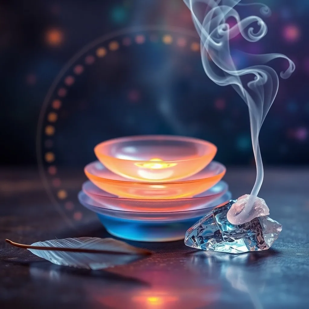 Arte conceptual de una flor de loto estilizada y brillante con múltiples pétalos, cada uno representando una capa energética diferente, flotando sobre un estanque de agua tranquila bajo un cielo nocturno estrellado. Los colores de los pétalos cambian y se mezclan sutilmente.