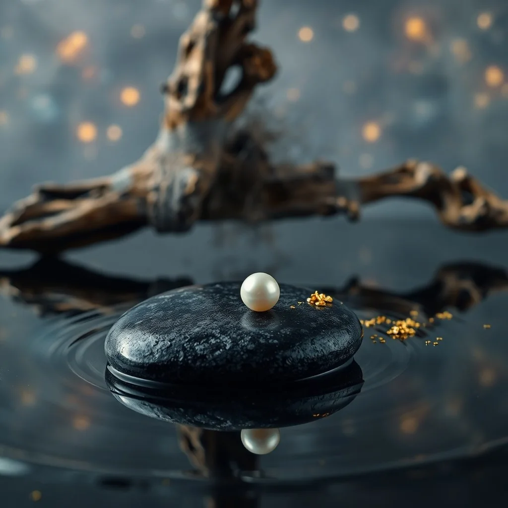 Bodegón cinematográfico de un cofre de madera antiguo con monedas de oro y un pergamino con el símbolo del buey, sobre una piedra de río.