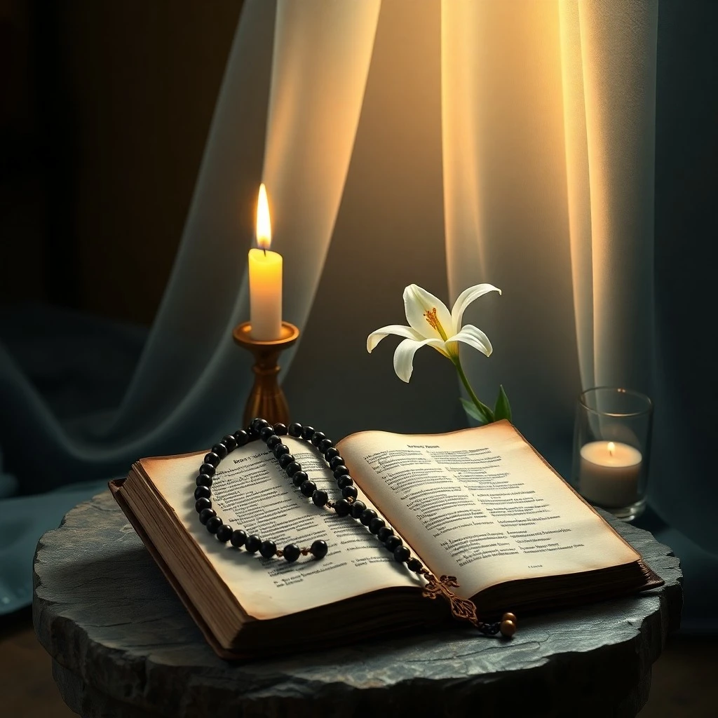 Arte conceptual de un compás etéreo apuntando hacia una luz celestial, con una pluma de ave y un pergamino antiguo en la parte inferior, simbolizando la guía divina y la sabiduría.