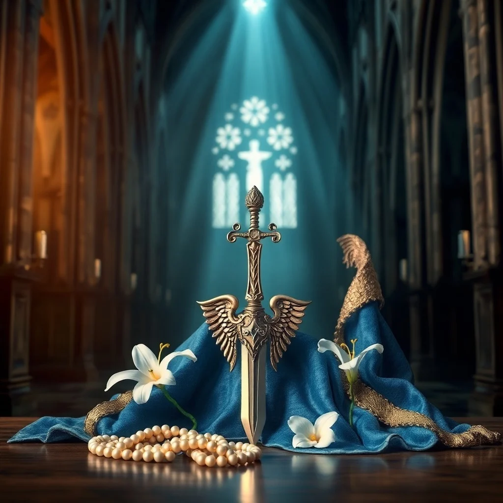 Detalle de un escudo antiguo con grabados celestiales sobre un altar de piedra, iluminado por un haz de luz divina, en un estilo de bodegón cinematográfico.