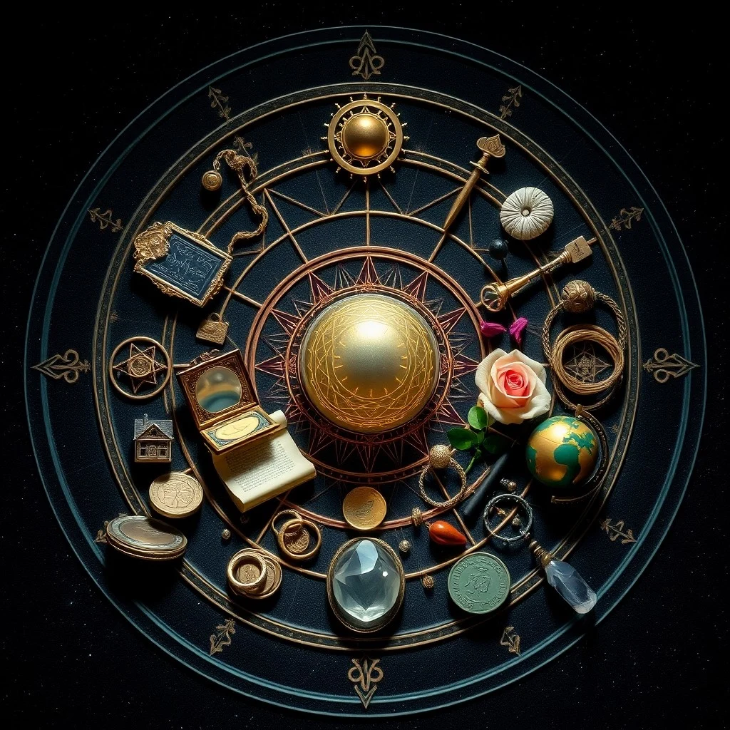 Vintage photograph of an antique wooden desk with old books, a quill, a brass globe, and a magnifying glass, bathed in sunlight.