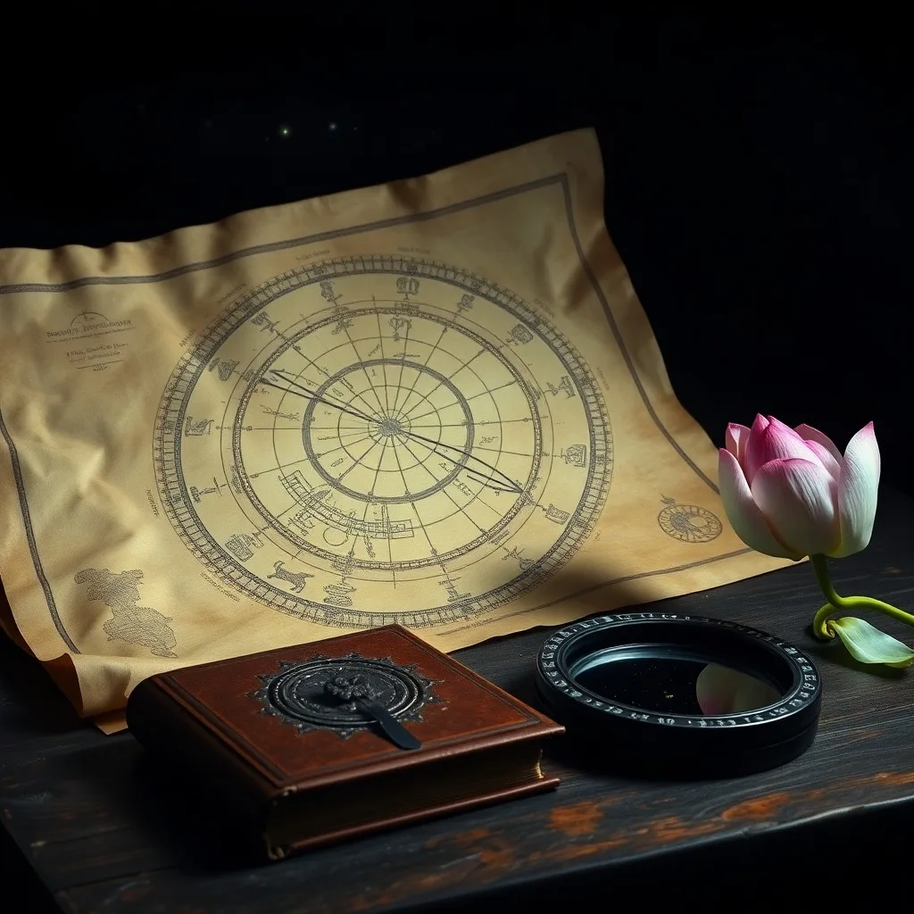 Diario antiguo con símbolos astrológicos, brújula y piedra de río, iluminado por una lámpara vintage.